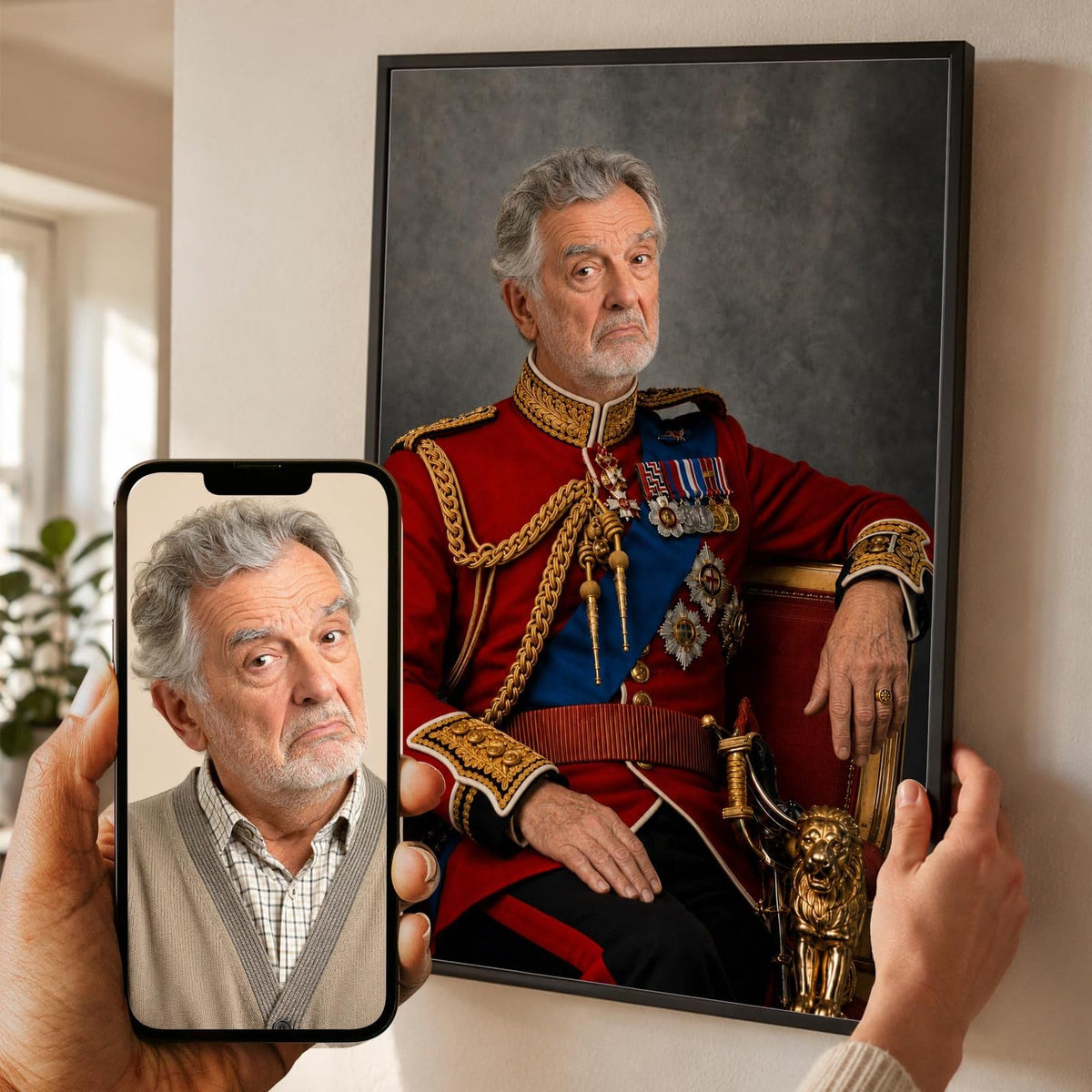 Portrait en officier de la garde royale façon tableau de maître d'après votre photo, médailles et fauteuil aux lions, en cadre noir, aussi en blanc, bois clair ou bois foncé, livré chez vous (exemple)