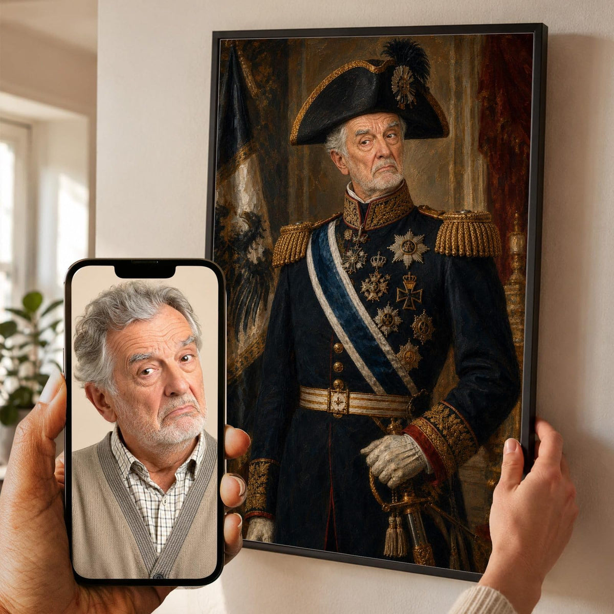 Portrait en officier prussien façon tableau de maître d'après votre photo, bicorne à plumet et décorations, en cadre noir, aussi en blanc, bois clair ou bois foncé, livré chez vous (exemple)