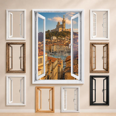 La vue sur le Vieux-Port de Marseille et les styles de fenêtre proposés pour l'encadrer : bois, PVC blanc, alu noir ou sans fenêtre, imprimée sur toile ou plexiglas puis livrée (exemple)