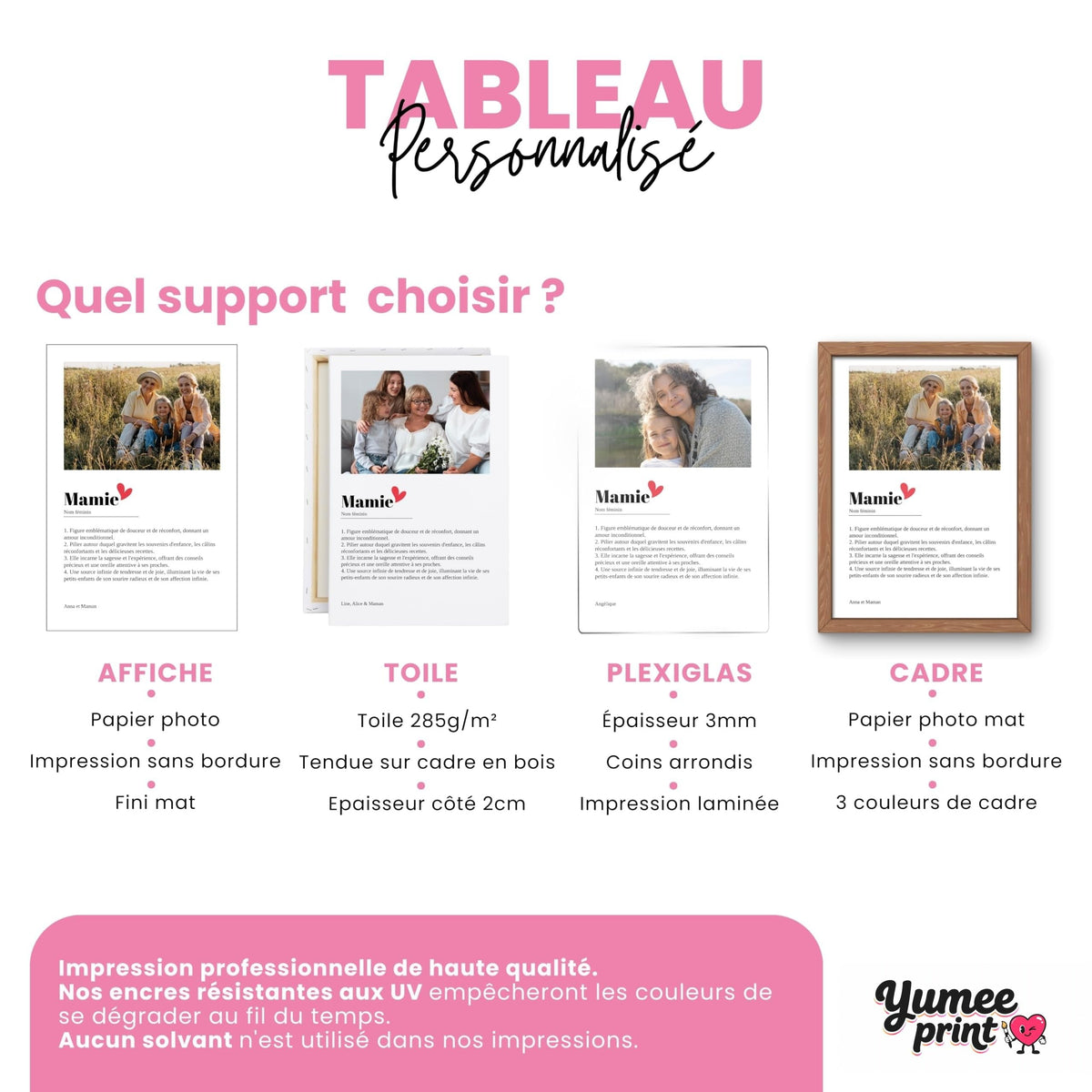Affiche Mamie façon définition en quatre finitions : affiche (poster), toile canvas, plexiglas ou cadre ; votre photo et vos textes, imprimés et livrés chez vous (exemple)