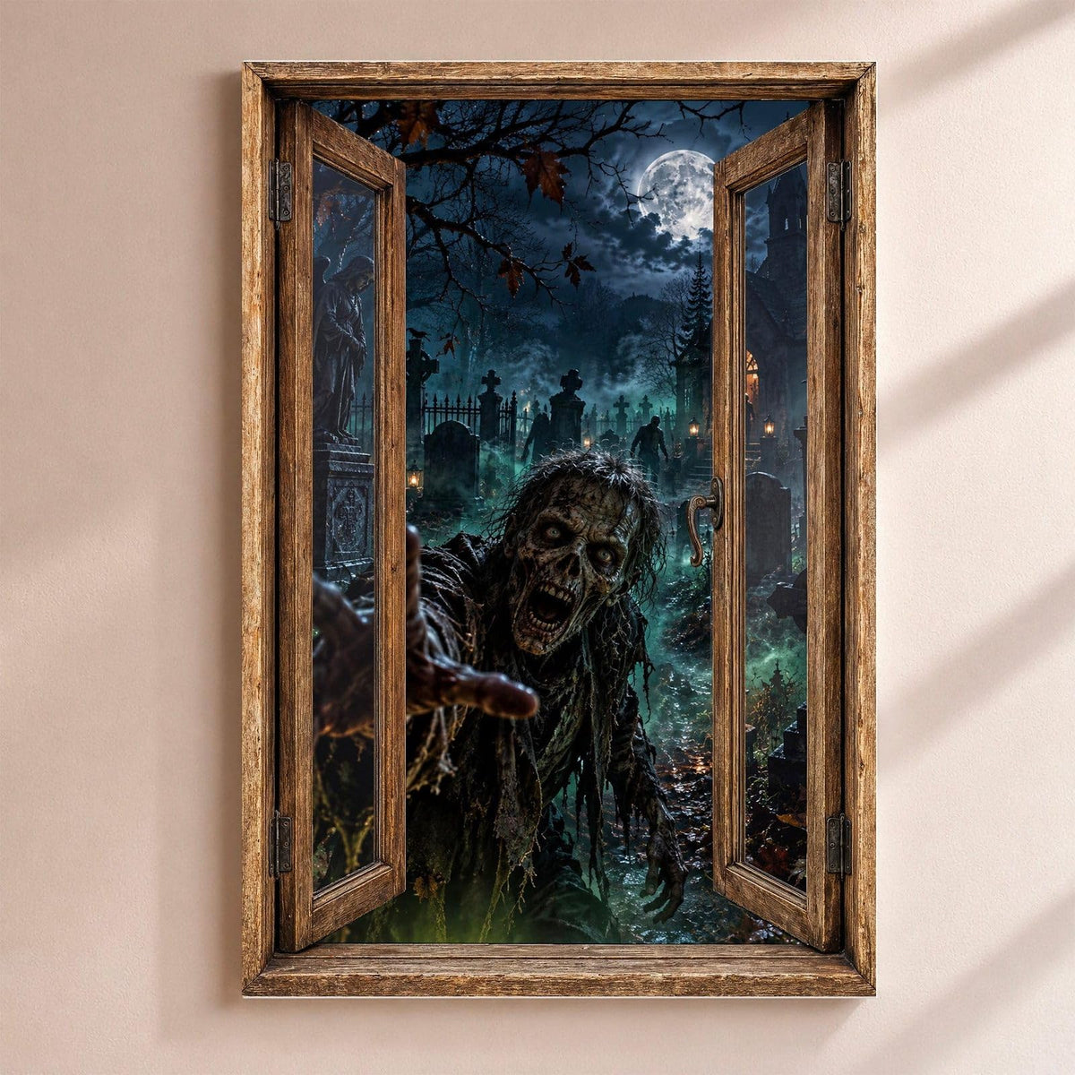 Déco Halloween en trompe-l'œil : un zombie qui surgit d'un cimetière brumeux sous la lune, par une fenêtre en bois rustique, sur toile canvas tendue ou plexiglas, livrée chez vous (exemple)