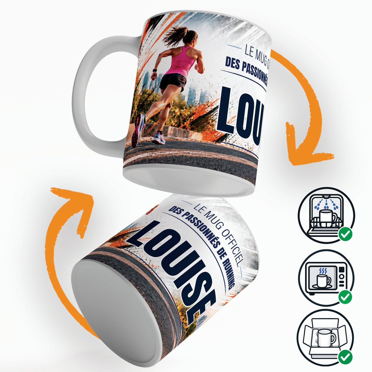 Mug running femme vu sous deux angles, prénom et texte au choix ; compatible lave-vaisselle et micro-ondes, expédié calé dans une boîte en carton jusque chez vous (exemple)