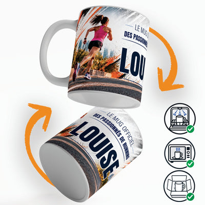 Mug running femme vu sous deux angles, prénom et texte au choix ; compatible lave-vaisselle et micro-ondes, expédié calé dans une boîte en carton jusque chez vous (exemple)