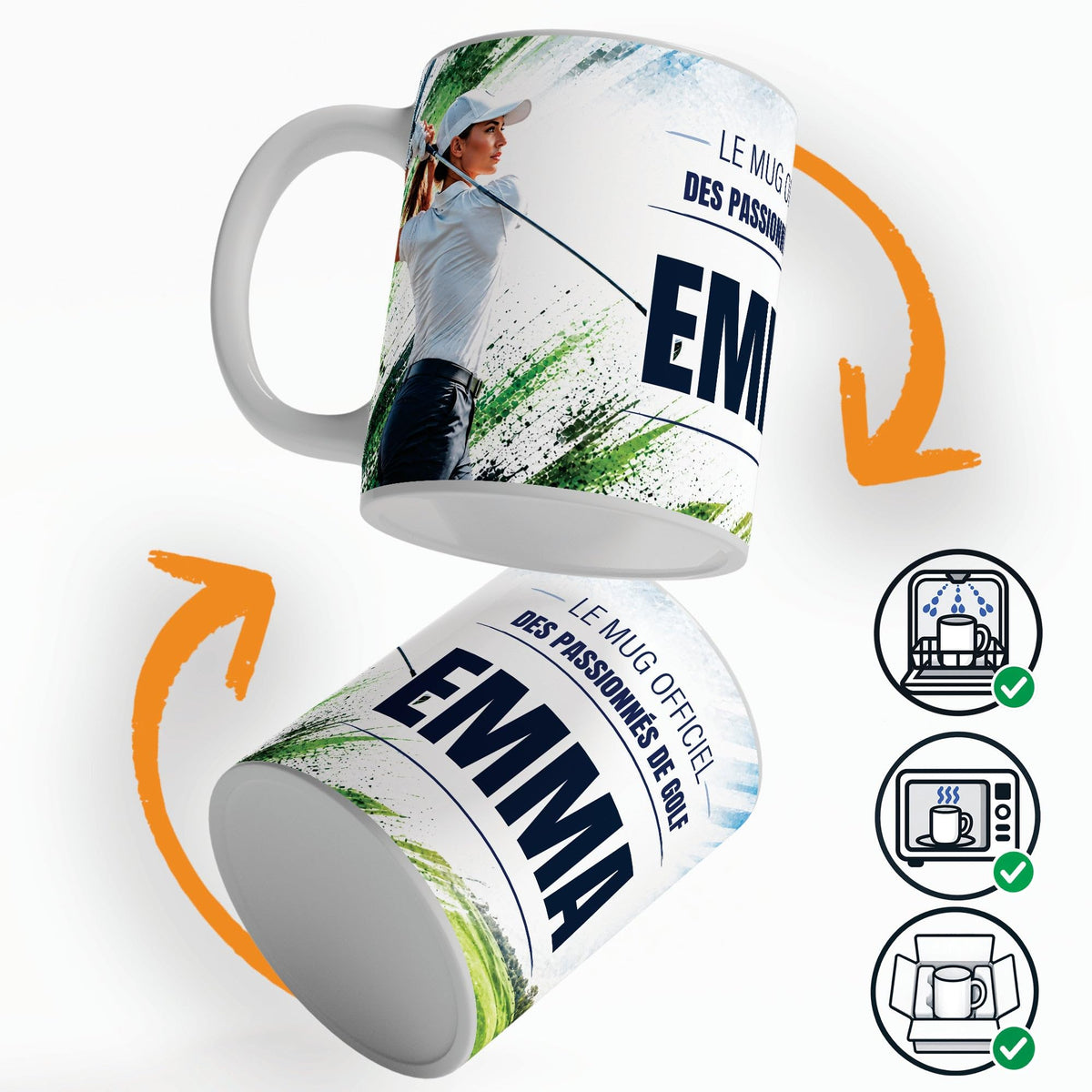 Mug golf personnalisé qui tourne sur lui-même, avec trois pictogrammes : lave-vaisselle, micro-ondes et mug calé dans son emballage pour la livraison chez vous (exemple)