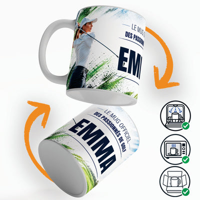 Mug golf personnalisé qui tourne sur lui-même, avec trois pictogrammes : lave-vaisselle, micro-ondes et mug calé dans son emballage pour la livraison chez vous (exemple)