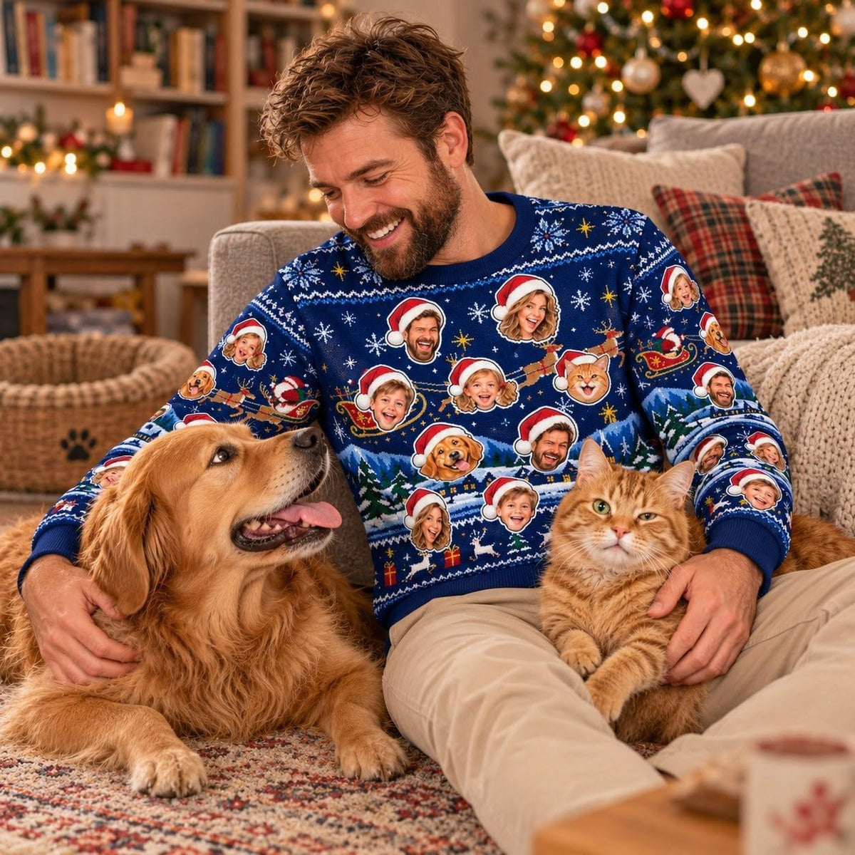 Sweat de Noël bleu nuit personnalisé porté avec un chien et un chat : les animaux aussi peuvent figurer, une photo par visage, répétés sur le devant et les manches, livré chez vous (exemple)