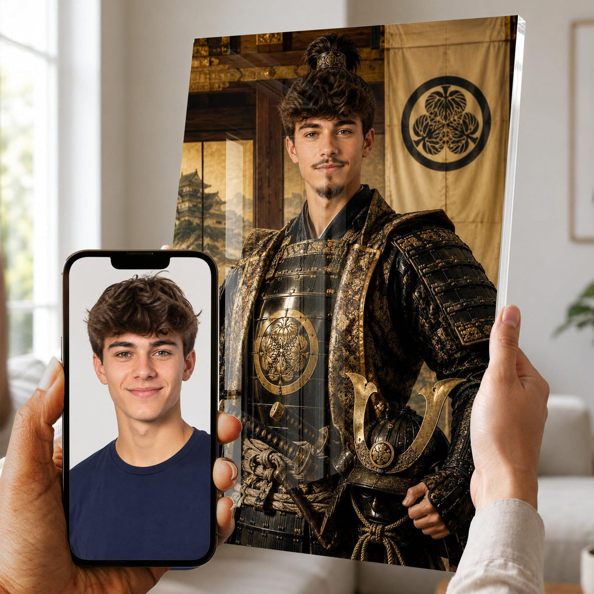 Portrait d'apparat en samouraï sur plexiglas brillant : bannière et château japonais en fond, votre visage gardé d'après votre photo, imprimé puis livré chez vous (exemple)