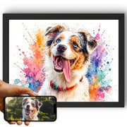 Création personnalisée : la photo de votre chien devient un portrait éclats de couleurs en format paysage, éclaboussures vives sur fond blanc, imprimé en cadre noir et livré chez vous (exemple)