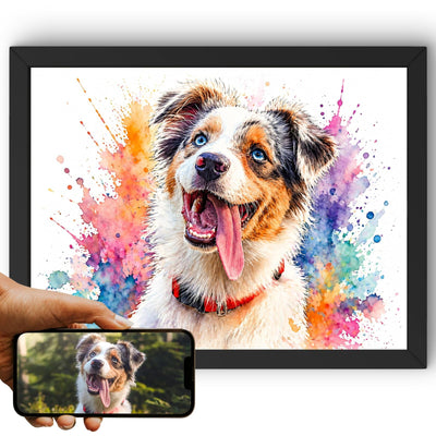 Création personnalisée : la photo de votre chien devient un portrait éclats de couleurs en format paysage, éclaboussures vives sur fond blanc, imprimé en cadre noir et livré chez vous (exemple)