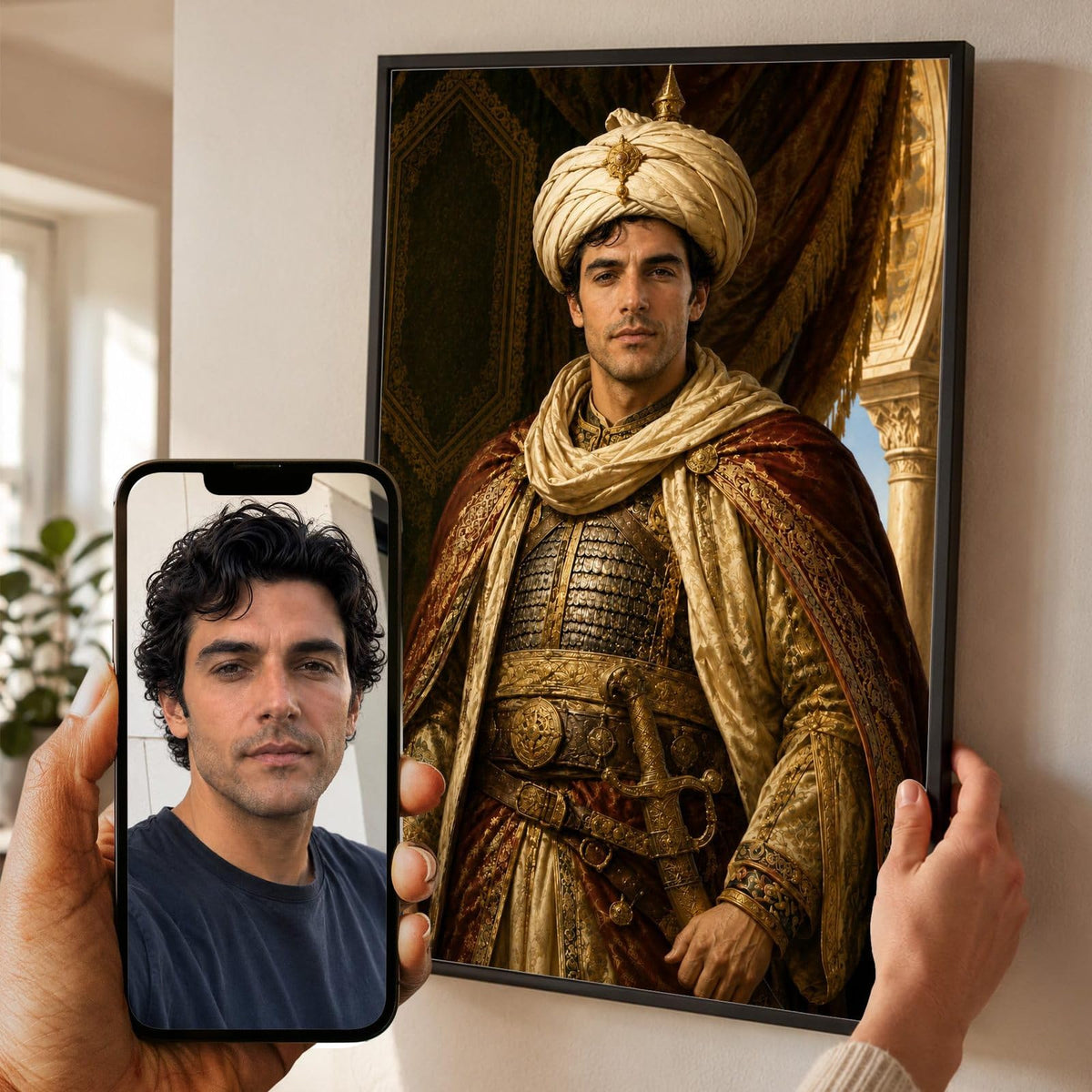 Portrait en sultan façon tableau de maître d'après votre photo, sabre à la ceinture et arcades dorées, en cadre noir, aussi en blanc, bois clair ou bois foncé, livré chez vous (exemple)