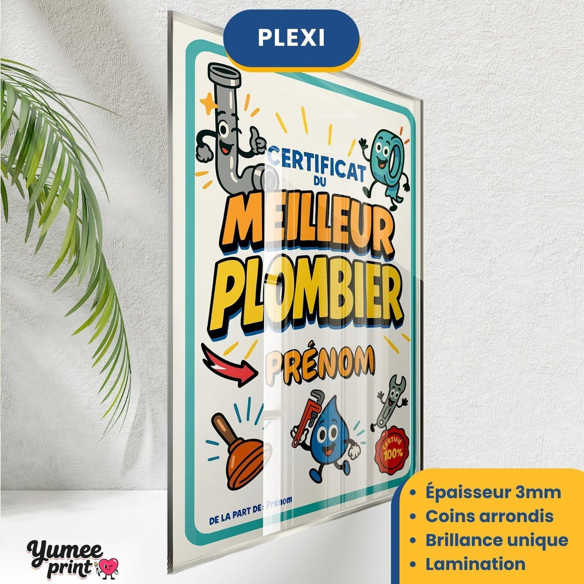 Certificat du meilleur plombier sur plexiglas de 3 mm aux coins arrondis, finition brillante, avec son prénom et votre signature, livré chez vous (exemple)