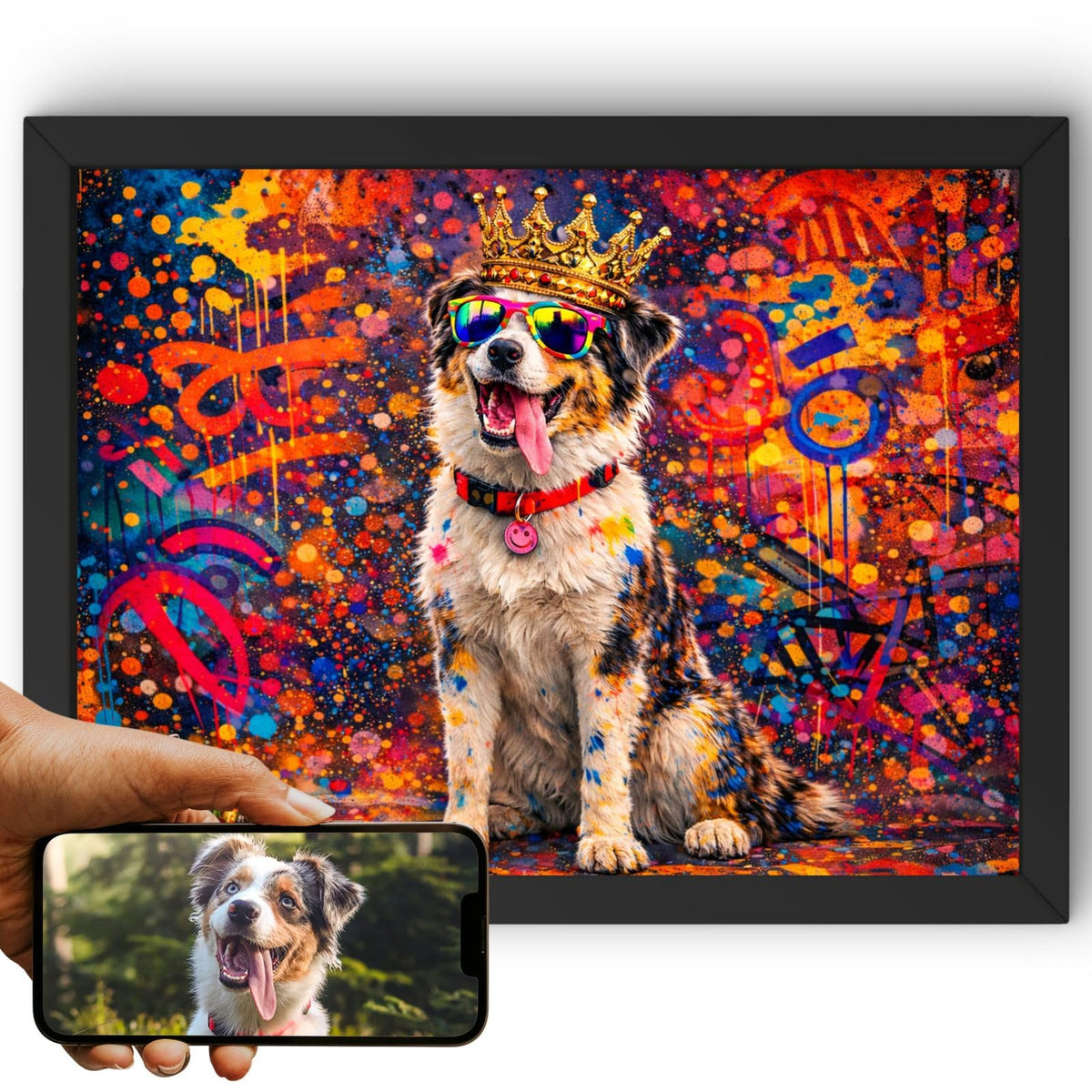 Création personnalisée : la photo de votre chien devient un portrait street art graffiti en format paysage, taches de peinture, couronne et lunettes, imprimé en cadre noir et livré chez vous (exemple)