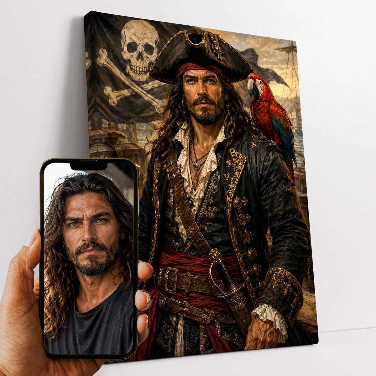 Portrait d'apparat d'après votre photo : votre visage en capitaine pirate, tricorne, veste brodée et sabre, façon peinture classique, sur toile canvas, livré chez vous (exemple)
