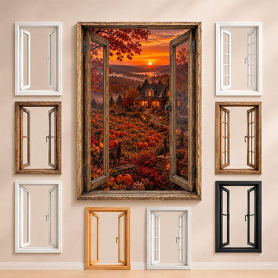 La ferme d'automne et ses citrouilles face à la vallée au couchant, entourée des fenêtres au choix : bois, PVC blanc, à carreaux, alu noir ou sans fenêtre, décor livré sur toile ou plexiglas (exemple)