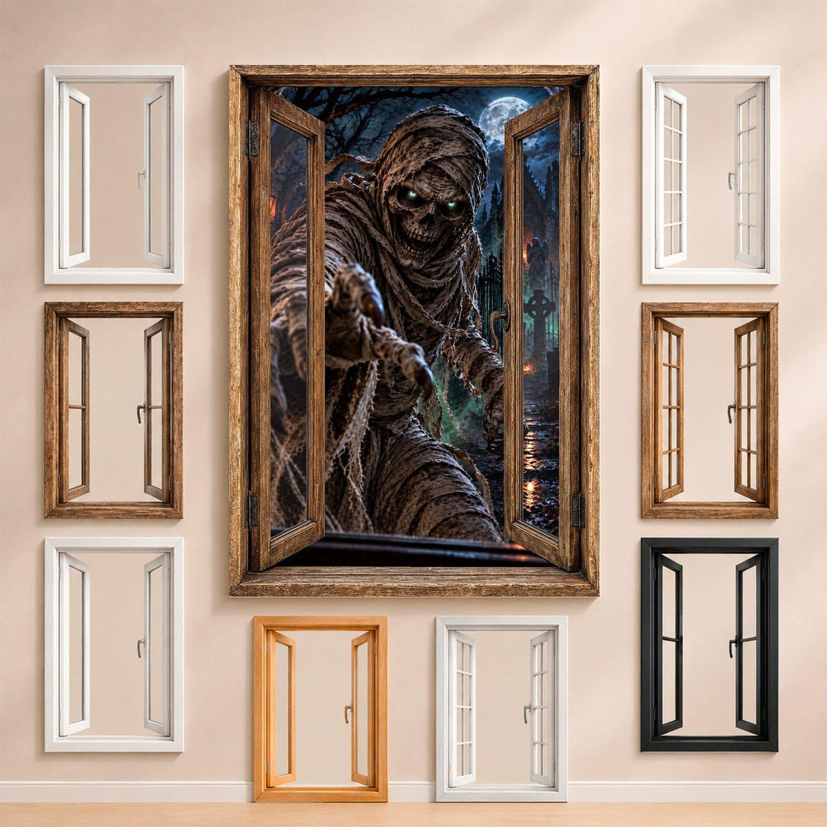 La momie aux yeux verts et aux bandelettes en lambeaux, entourée des fenêtres au choix : bois, PVC blanc, à carreaux, alu noir ou sans fenêtre, décor livré sur toile ou plexiglas (exemple)