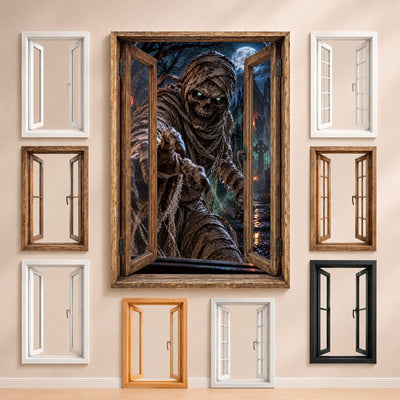La momie aux yeux verts et aux bandelettes en lambeaux, entourée des fenêtres au choix : bois, PVC blanc, à carreaux, alu noir ou sans fenêtre, décor livré sur toile ou plexiglas (exemple)