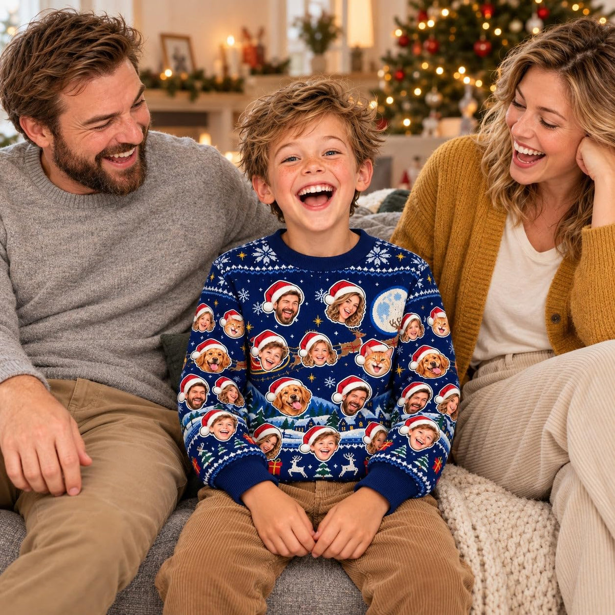 Sweat de Noël enfant bleu nuit à visages porté au salon pendant les fêtes, un exemple d'usage : de 1 à 8 visages, une photo par personne ou animal, livré chez vous (exemple)