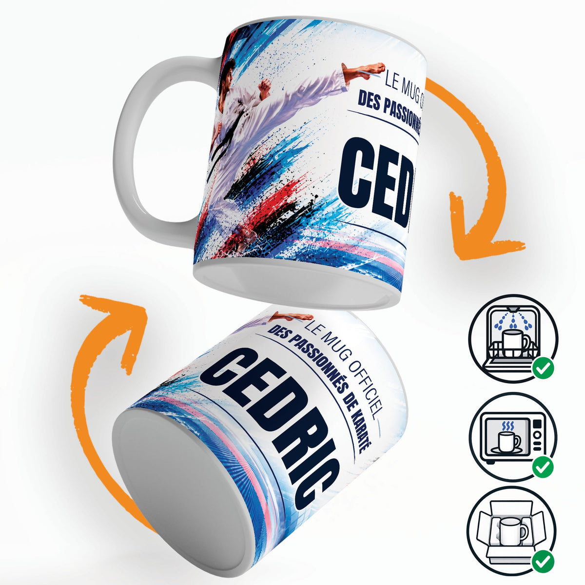 Mug karaté personnalisé qui tourne sur lui-même, avec trois pictogrammes : lave-vaisselle, micro-ondes et mug calé dans son emballage pour la livraison chez vous (exemple)
