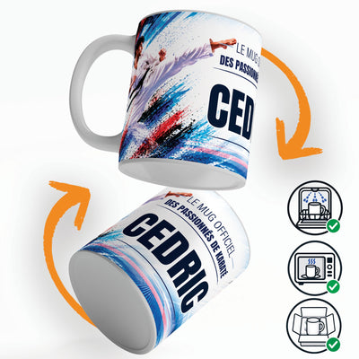 Mug karaté personnalisé qui tourne sur lui-même, avec trois pictogrammes : lave-vaisselle, micro-ondes et mug calé dans son emballage pour la livraison chez vous (exemple)