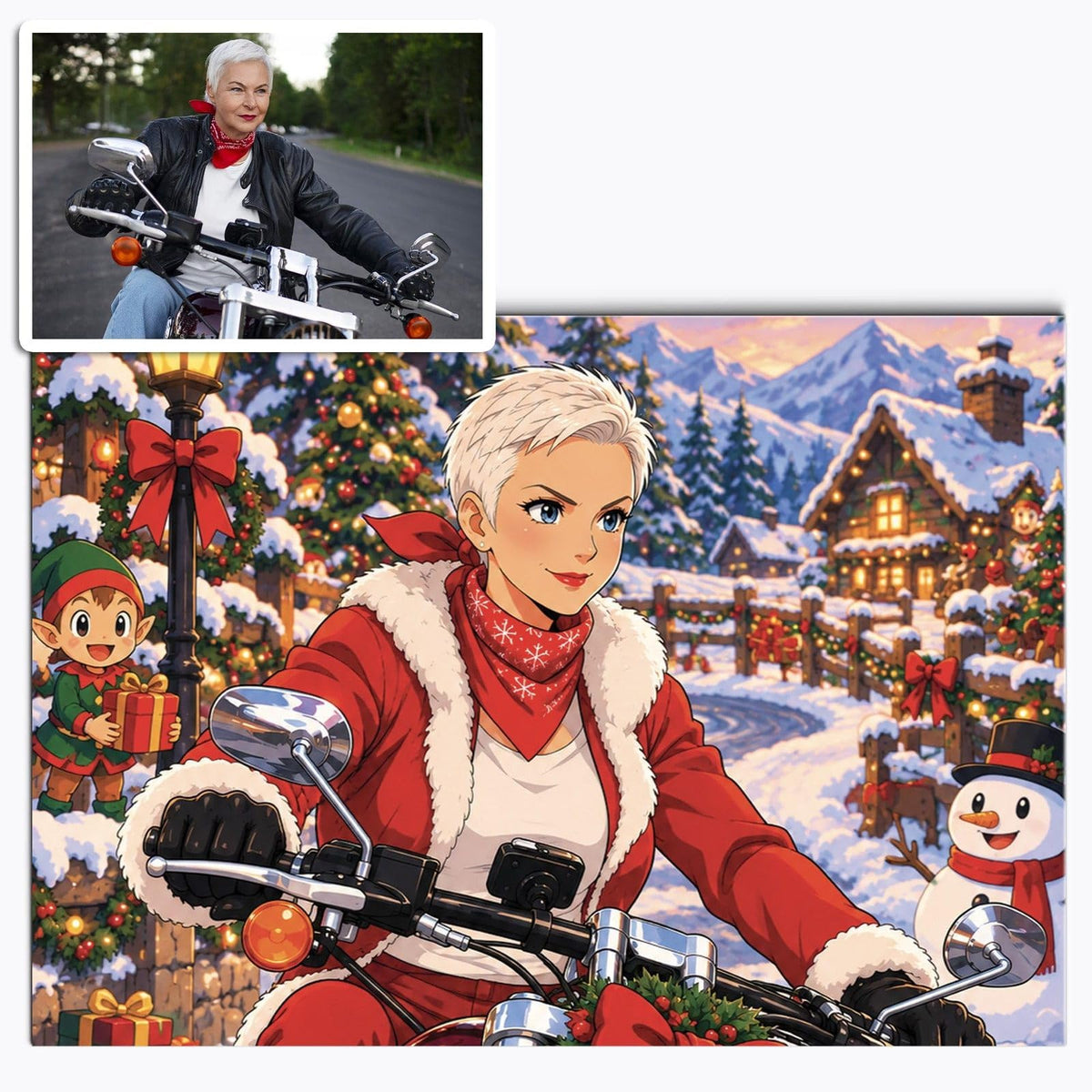 Votre photo transformée en image manga de Noël, couleurs franches, neige, sapins et décor de fêtes, imprimée en affiche (poster) au format paysage et livrée chez vous (exemple)
