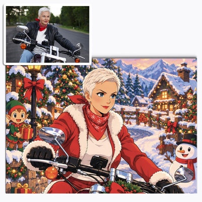 Votre photo transformée en image manga de Noël, couleurs franches, neige, sapins et décor de fêtes, imprimée en affiche (poster) au format paysage et livrée chez vous (exemple)
