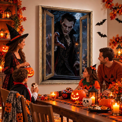 Idée d'usage : un goûter d'Halloween devant le vampire qui tend ses griffes hors de la fenêtre, sur toile ou plexiglas en 60 x 40 cm, 80 x 60 cm ou 120 x 80 cm, fenêtre au choix, livré (exemple)