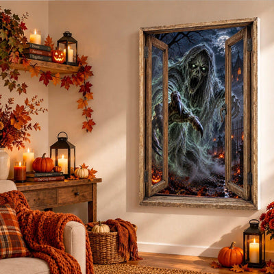 Dans un salon d'automne aux bougies, le spectre en lambeaux tend ses griffes hors de la fenêtre en trompe-l'œil, sur toile tendue, toile premium sur châssis de 4 cm ou plexiglas, livré (exemple)