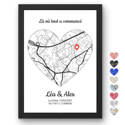 Carte de votre lieu de rencontre découpée en cœur, fond blanc et épingle rouge, avec votre phrase, vos prénoms, la ville, la date et les coordonnées GPS, en cadre noir livré chez vous (exemple)