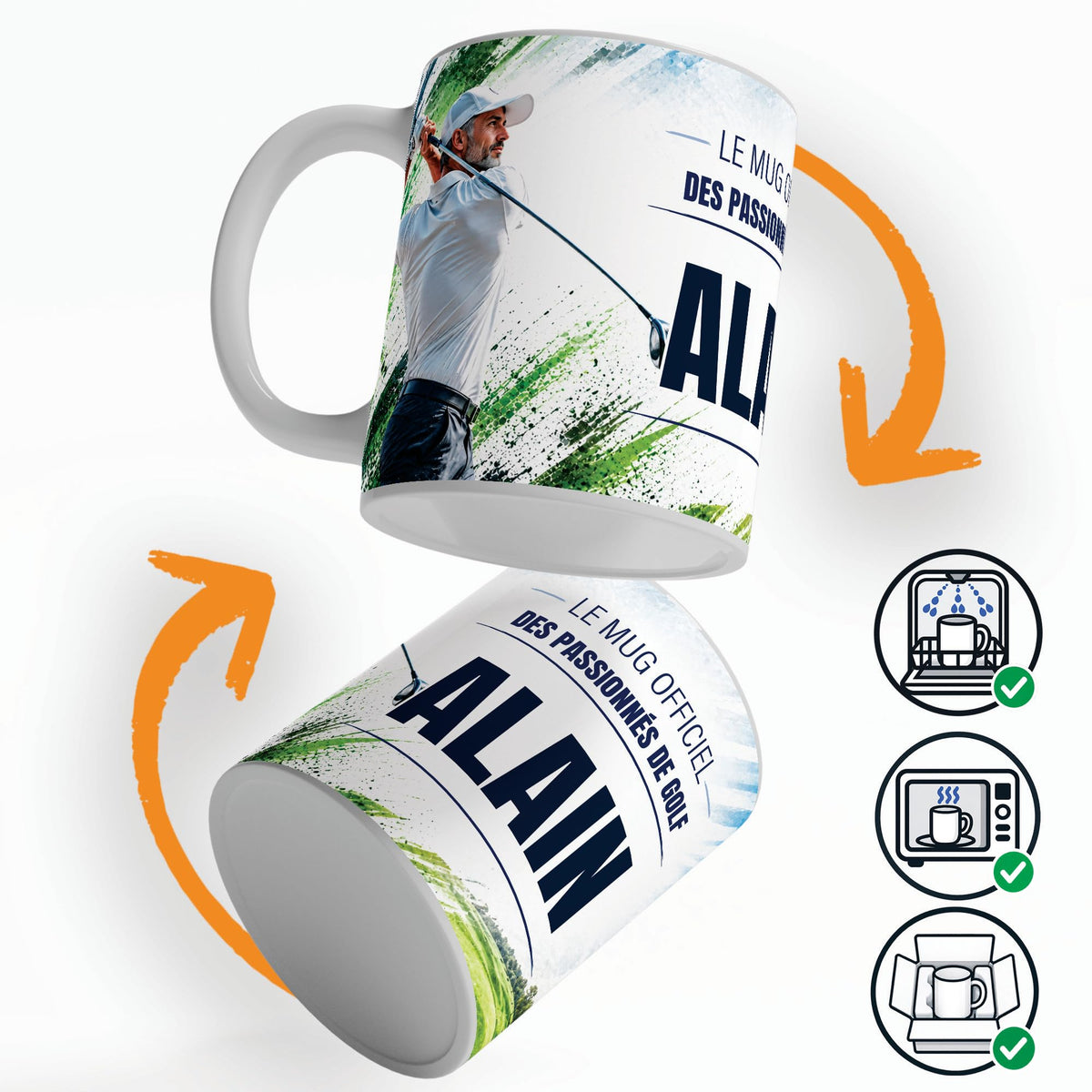 Mug golf personnalisé qui tourne sur lui-même, avec trois pictogrammes : lave-vaisselle, micro-ondes et mug calé dans son emballage pour la livraison chez vous (exemple)