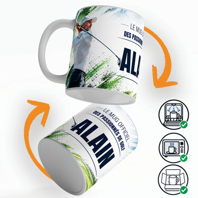 Mug golf personnalisé qui tourne sur lui-même, avec trois pictogrammes : lave-vaisselle, micro-ondes et mug calé dans son emballage pour la livraison chez vous (exemple)