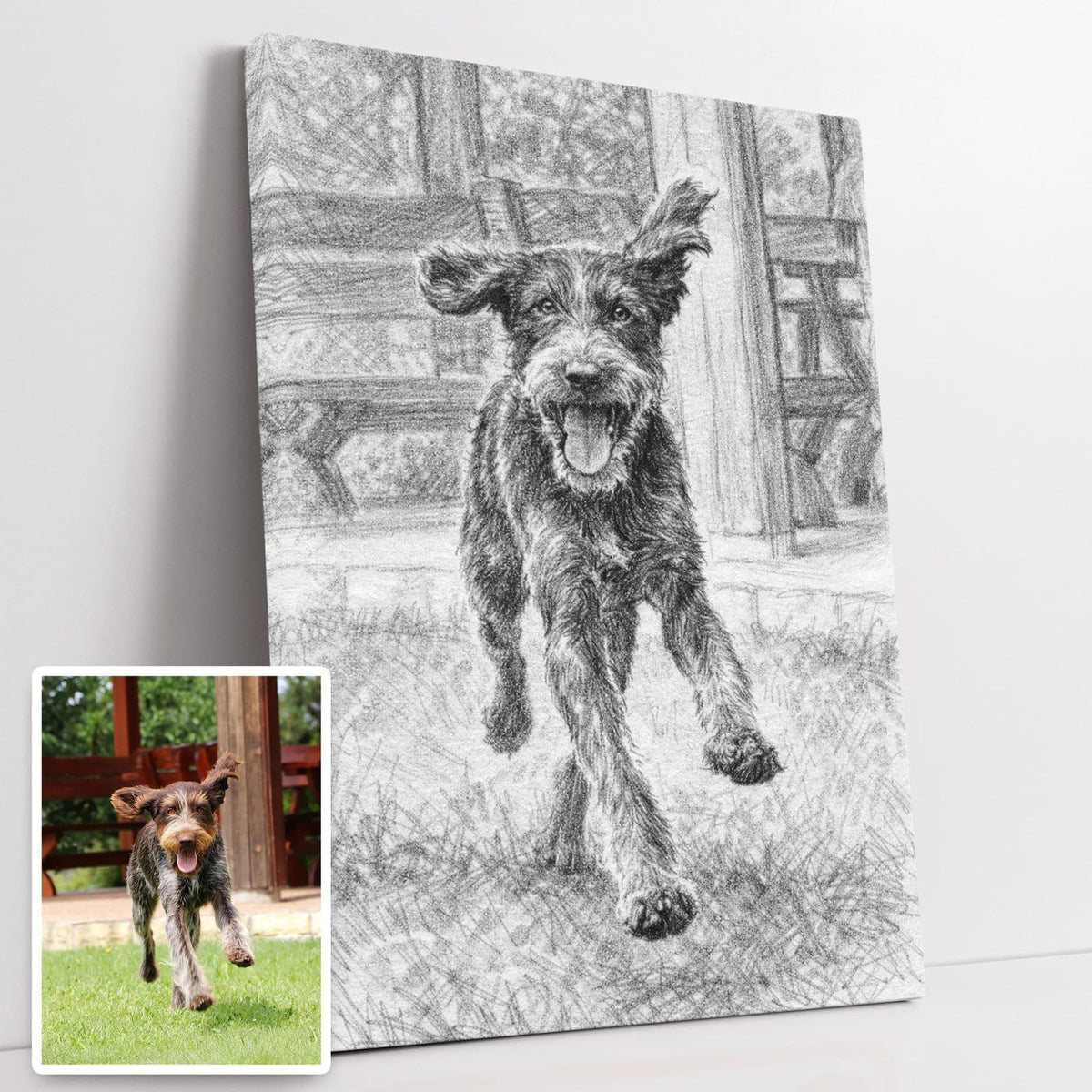Portrait au crayon gris de votre chien sur toile canvas tendue sur châssis, traits de graphite et ombres nuancées, présenté à côté de la photo d'origine, imprimé puis livré chez vous (exemple)