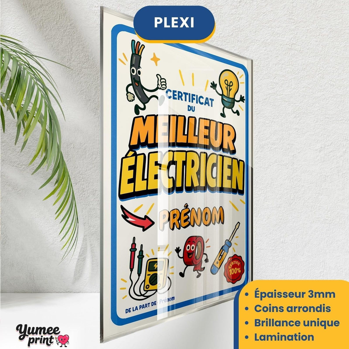 Certificat du meilleur électricien sur plexiglas de 3 mm aux coins arrondis, finition brillante, avec son prénom et votre signature, livré chez vous (exemple)