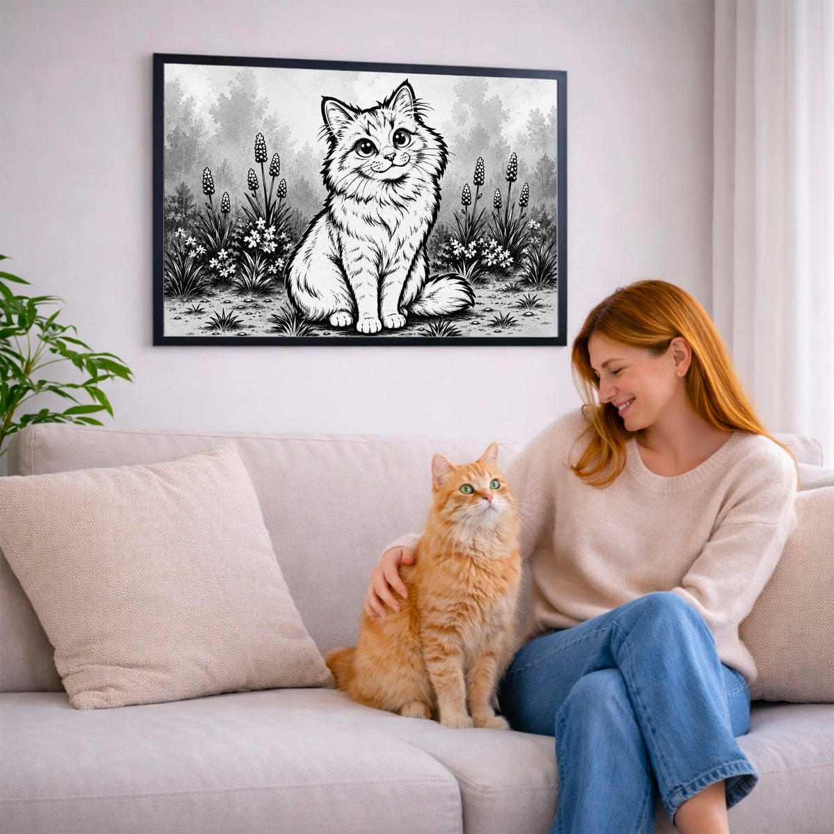 Portrait chat paysage, styles BD — Caricature Noir et Blanc