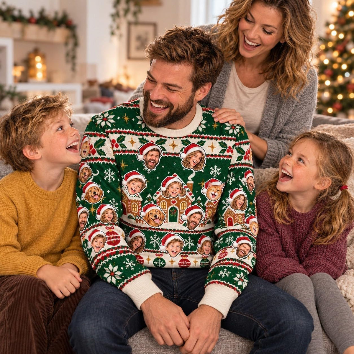 Sweat de Noël vert sapin à visages porté au salon près du sapin, un exemple pour les fêtes : de 1 à 8 visages, une photo par personne ou animal, imprimé et livré chez vous (exemple)