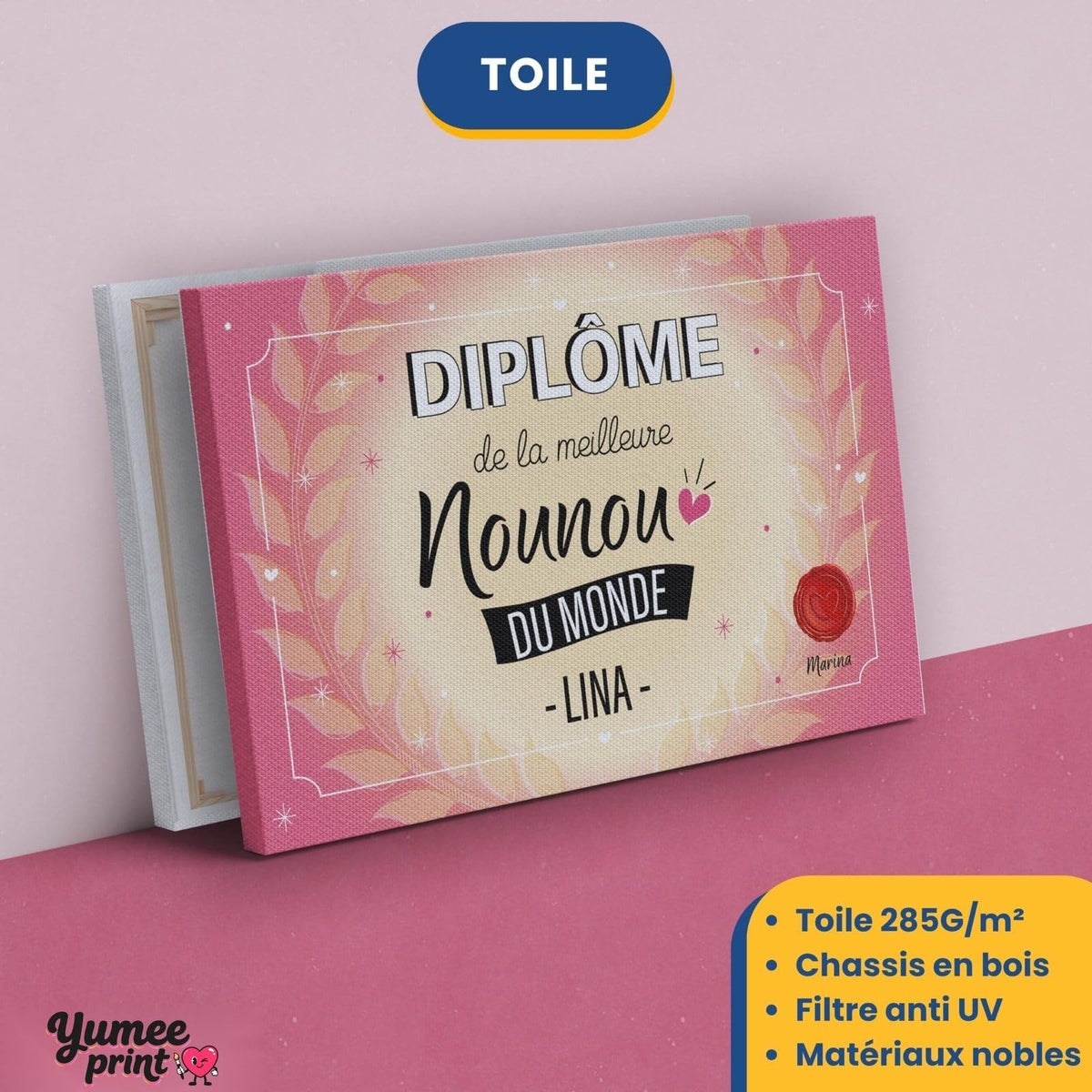 Diplôme « de la meilleure nounou du monde » sur toile canvas tendue sur châssis en bois, avec son prénom et votre signature, imprimé puis livré chez vous (exemple)