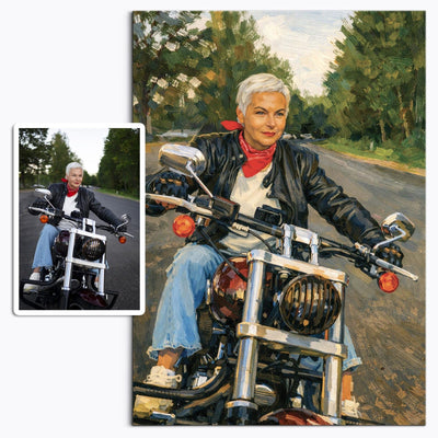 Votre photo transformée en portrait à la peinture à l'huile d'artiste, empâtements et couleurs riches, imprimé en affiche (poster) et livré chez vous ; photo d'origine à côté (exemple)