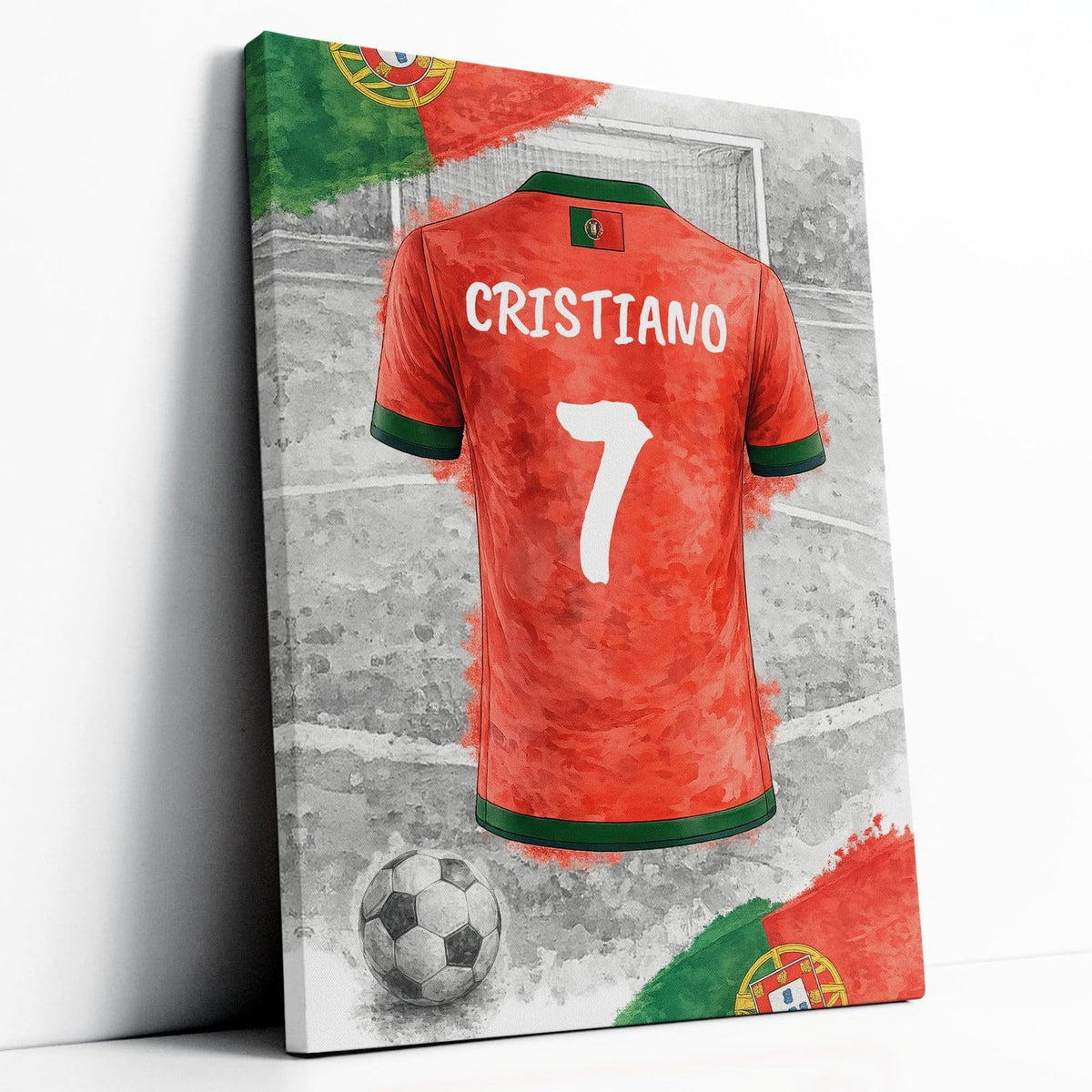 Maillot de foot du Portugal personnalisé, rouge et vert, façon aquarelle sur stade en noir et blanc : nom au dos et numéro, sur toile canvas tendue, livré chez vous (exemple)