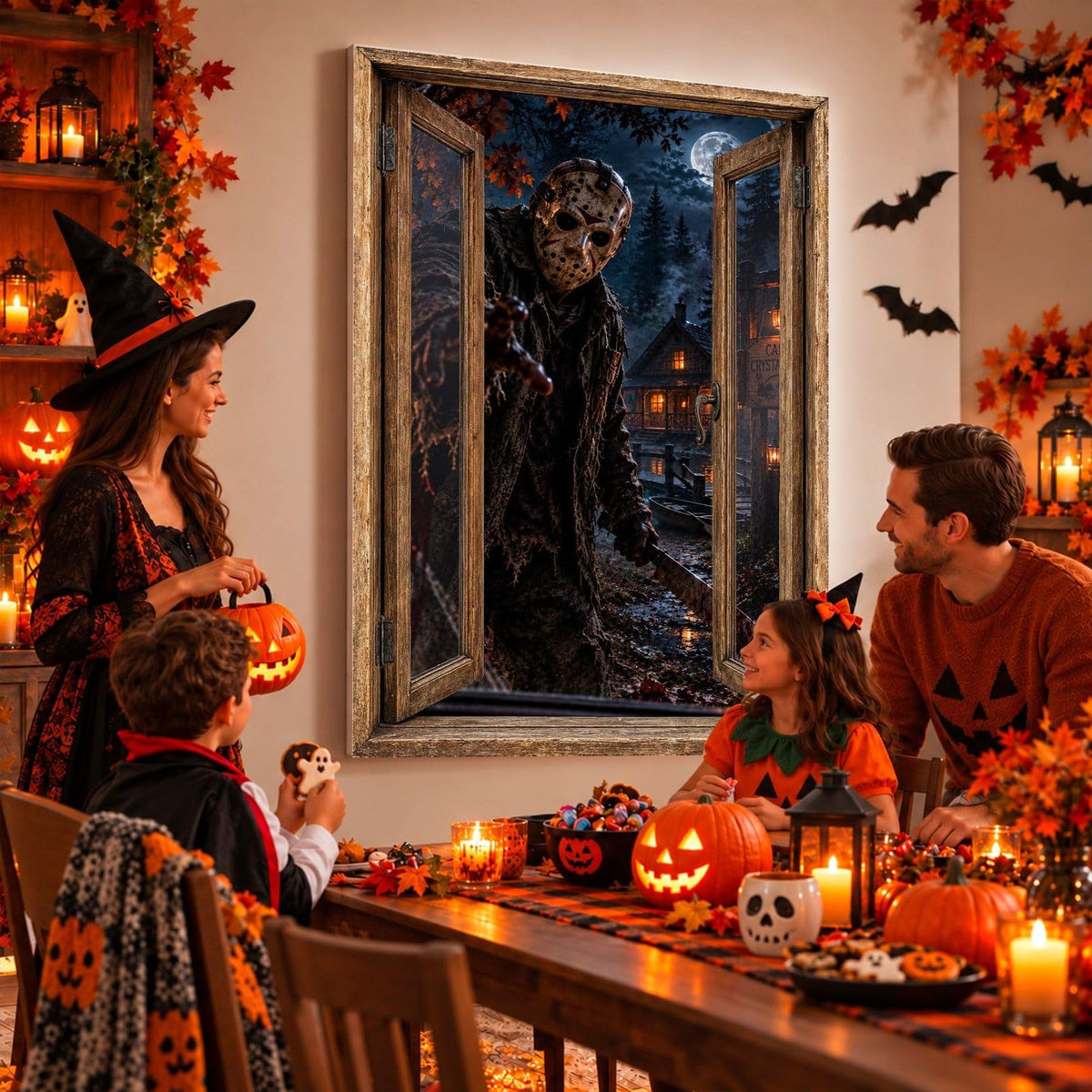 Idée d'usage : un goûter d'Halloween devant le tueur masqué qui surgit de la forêt de nuit, sur toile ou plexiglas en 60 x 40 cm, 80 x 60 cm ou 120 x 80 cm, fenêtre au choix, livré (exemple)