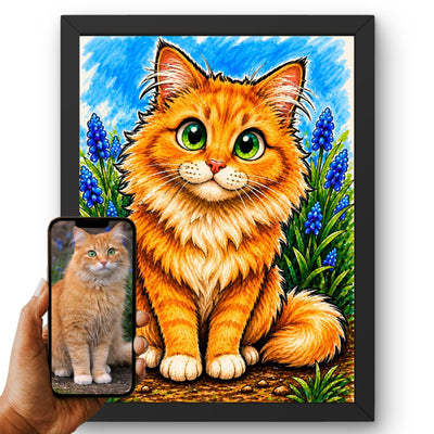 Création personnalisée : la photo de votre chat devient un portrait caricature couleur, façon caricaturiste de rue, aspect feutre, imprimé en cadre noir et livré chez vous (exemple)