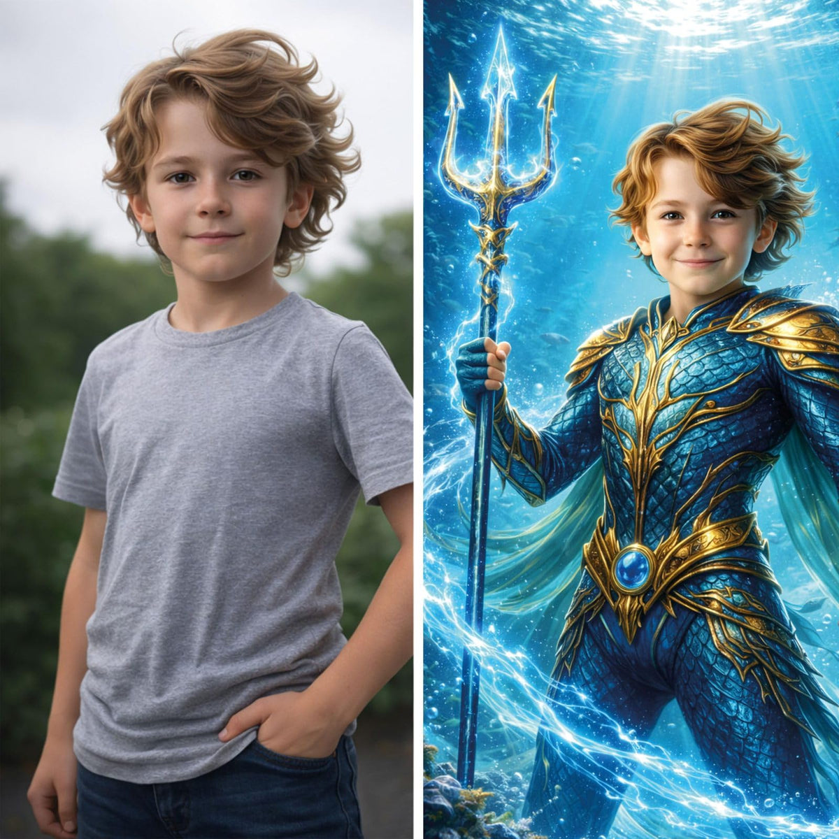 Avant, après côte à côte : la photo de votre enfant et sa version héros des océans, son visage gardé, armure bleu et or ; imprimée puis livrée chez vous (exemple)