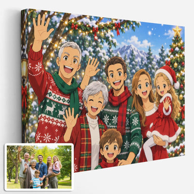 Même prise en plein jour, votre photo devient une scène manga de Noël enneigée, grands yeux et tenues de fête, sur toile canvas tendue sur châssis, livrée chez vous (exemple)