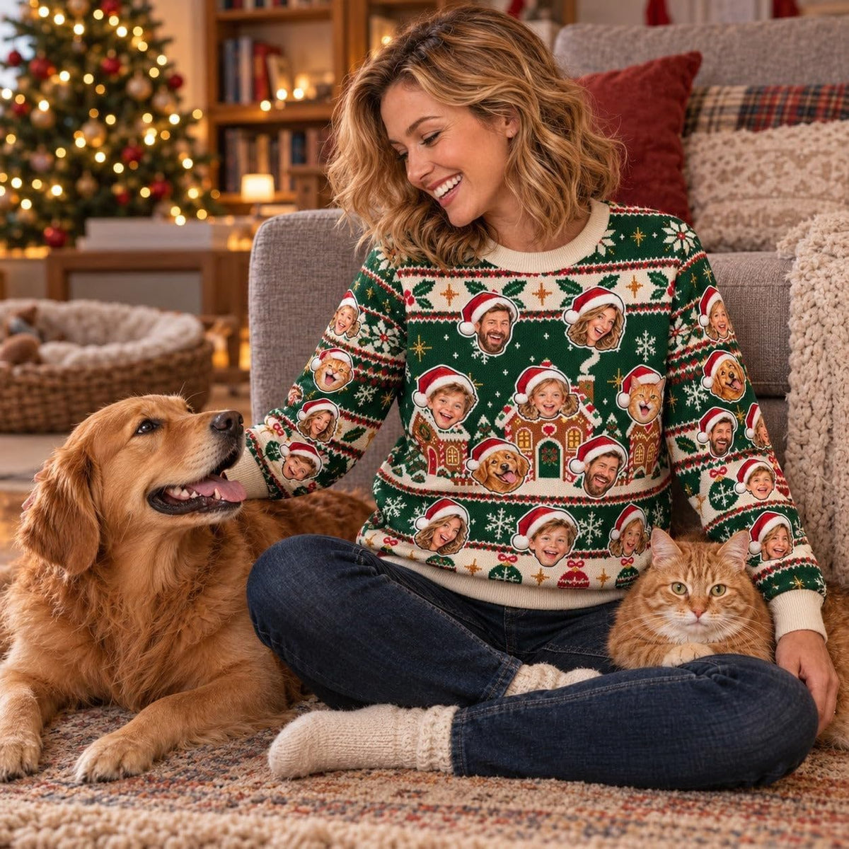 Sweat de Noël vert sapin personnalisé porté avec un chien et un chat : les animaux aussi peuvent figurer, une photo par visage, répétés sur le devant et les manches, livré chez vous (exemple)