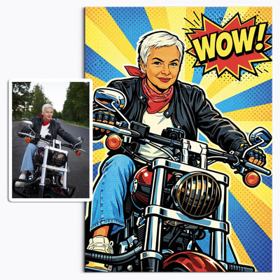Votre photo transformée en portrait pop art d'artiste, rayons jaunes et bleus, contours noirs, imprimé en affiche (poster) et livré chez vous ; photo d'origine à côté (exemple)