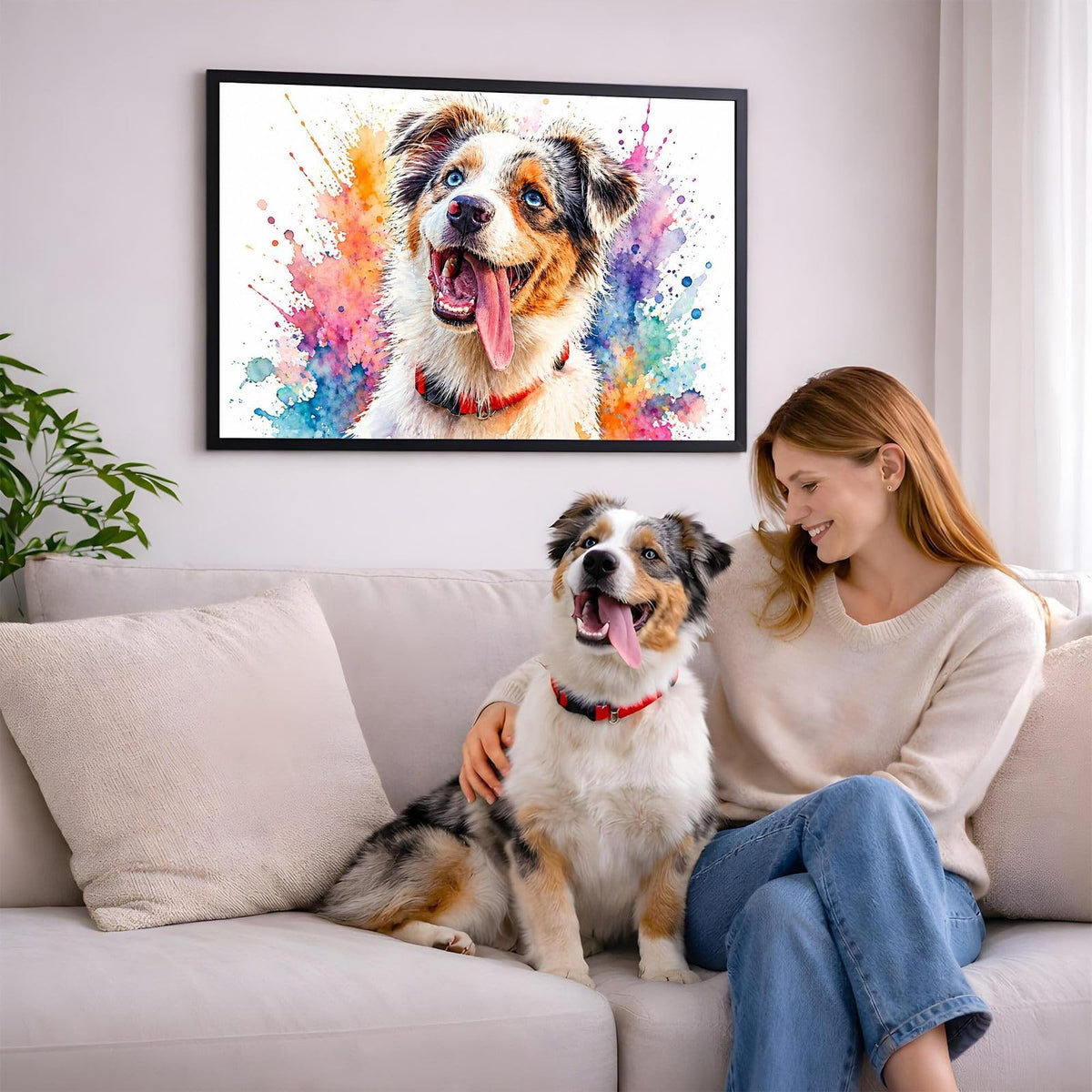 Portrait éclats de couleurs en format paysage de votre chien d'après sa photo, accroché au salon en cadre noir ; aussi en affiche (poster), toile canvas ou plexiglas, livré chez vous (exemple)