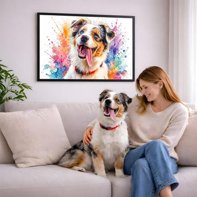 Portrait éclats de couleurs en format paysage de votre chien d'après sa photo, accroché au salon en cadre noir ; aussi en affiche (poster), toile canvas ou plexiglas, livré chez vous (exemple)