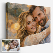 Création personnalisée en paysage : votre photo devient un portrait à la peinture à l'huile, touches de pinceau visibles et lumière chaude, imprimé sur toile canvas puis livré chez vous (exemple)