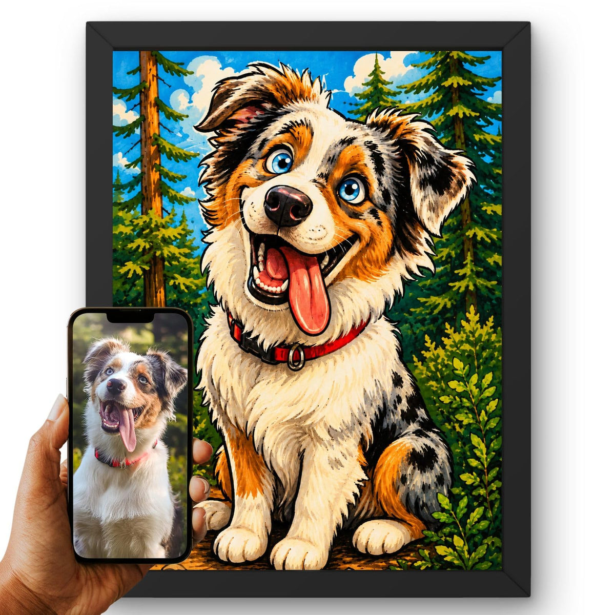 Création personnalisée : la photo de votre chien devient un portrait caricature couleur, façon caricaturiste de rue, aspect feutre, imprimé en cadre noir et livré chez vous (exemple)