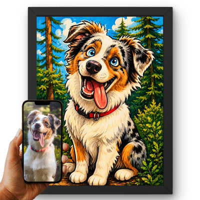 Création personnalisée : la photo de votre chien devient un portrait caricature couleur, façon caricaturiste de rue, aspect feutre, imprimé en cadre noir et livré chez vous (exemple)