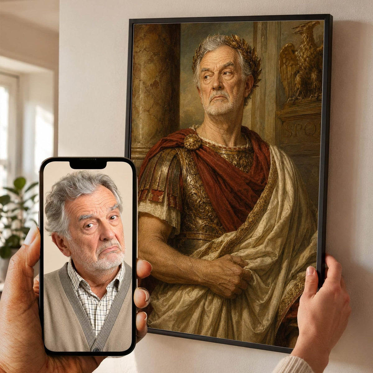 Portrait en empereur romain façon tableau de maître d'après votre photo, aigle sculpté et colonne antique en fond, en cadre noir, aussi en blanc, bois clair ou bois foncé, livré chez vous (exemple)