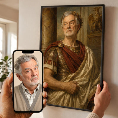 Portrait en empereur romain façon tableau de maître d'après votre photo, aigle sculpté et colonne antique en fond, en cadre noir, aussi en blanc, bois clair ou bois foncé, livré chez vous (exemple)